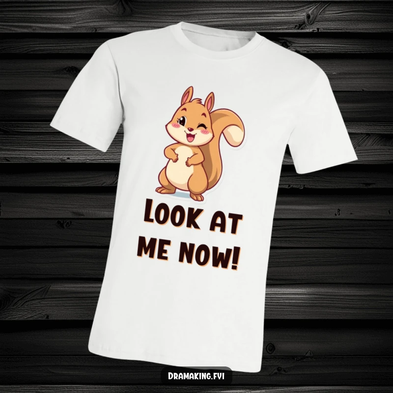 Funny t-shirt of a cheerful squirrel striking a dramatic pose with arms outstretched, radiating confidence and humorous excitement.