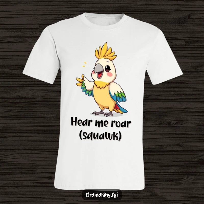 Funny parrot drama t-shirt featuring a proud, colorful parrot dramatically announcing news with gusto.