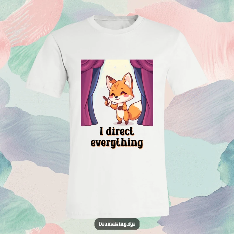 Funny Fox Stage Director T-Shirt showing a playful fox pointing dramatically towards an imaginary, sparkling stage, all about funny ambition.