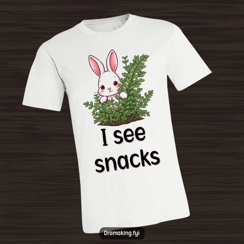 Funny rabbit character peeking from behind a lush fern on a t-shirt, showing curiosity and playfulness for a gift.