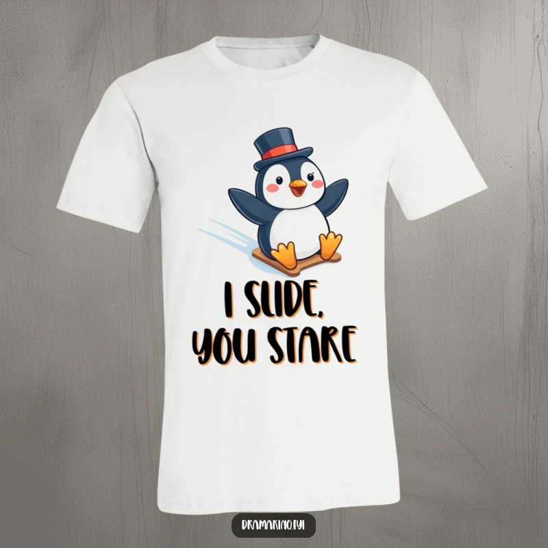 Funny t-shirt showcasing a happy penguin in a top hat gleefully sliding down a snowy icy slope, capturing pure winter excitement.
