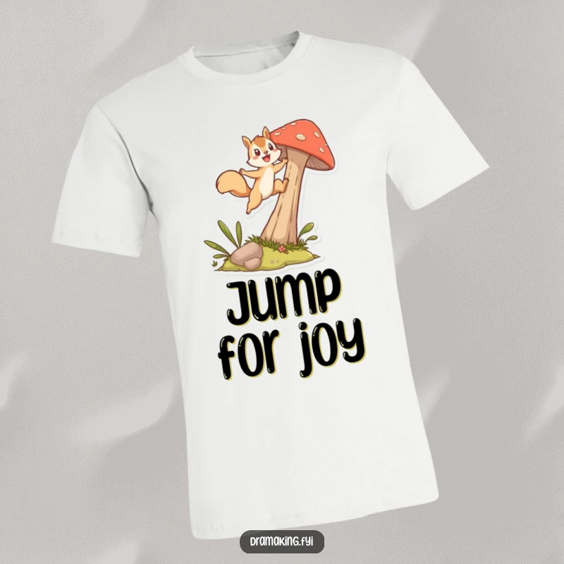 Funny T-Shirt with an energetic squirrel character leaping dynamically from a tall mushroom, designed for active and humorous individuals.