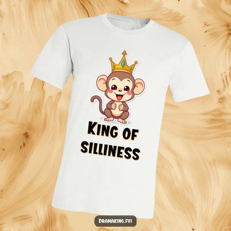 Funny monkey t-shirt, depicting a playful monkey wearing a crown and striking a regal yet silly pose, humorous regal apparel.