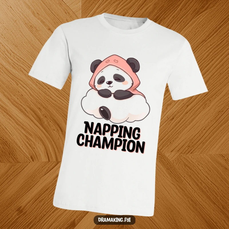 Funny t-shirt depicting a contented panda in a small cape napping soundly on a fluffy cloud, embodying ultimate chill.