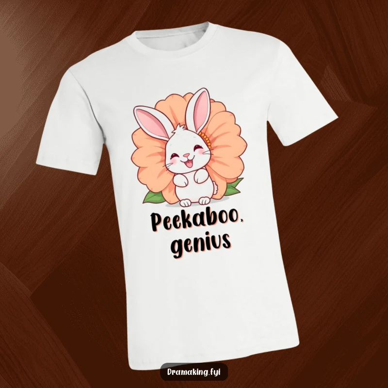 Funny bunny t-shirt with a happy rabbit peeking from a large, vibrant flower. Ideal for gifting and casual wear.