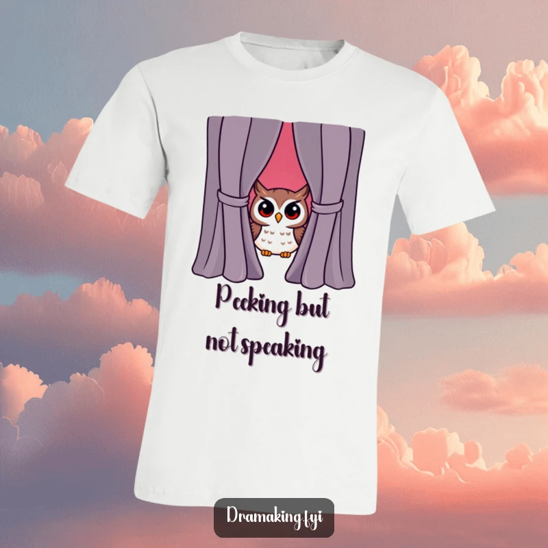 Funny owl character peeking from behind a dramatic curtain, surprised and curious, theatrical humor, perfect funny gift.