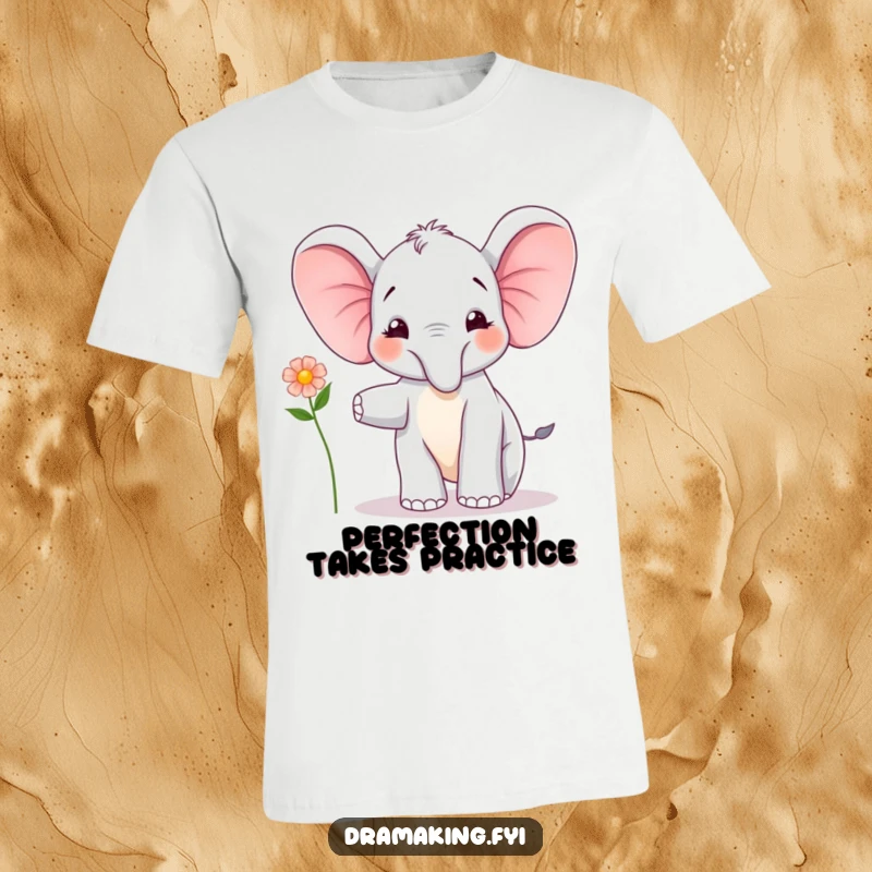 Funny Elephant Calf Balancing T-Shirt: A joyful elephant calf performs a balancing act with a flower, radiating fun, a funny gift.