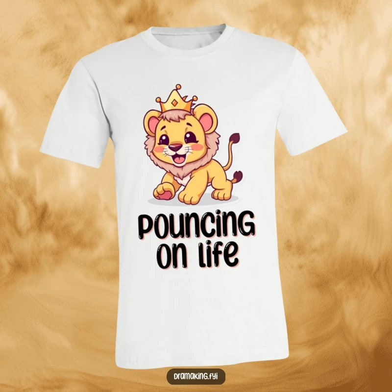 Funny t-shirt showcasing a happy lion cub wearing a crown, playfully pouncing with a beaming smile and energetic readiness.