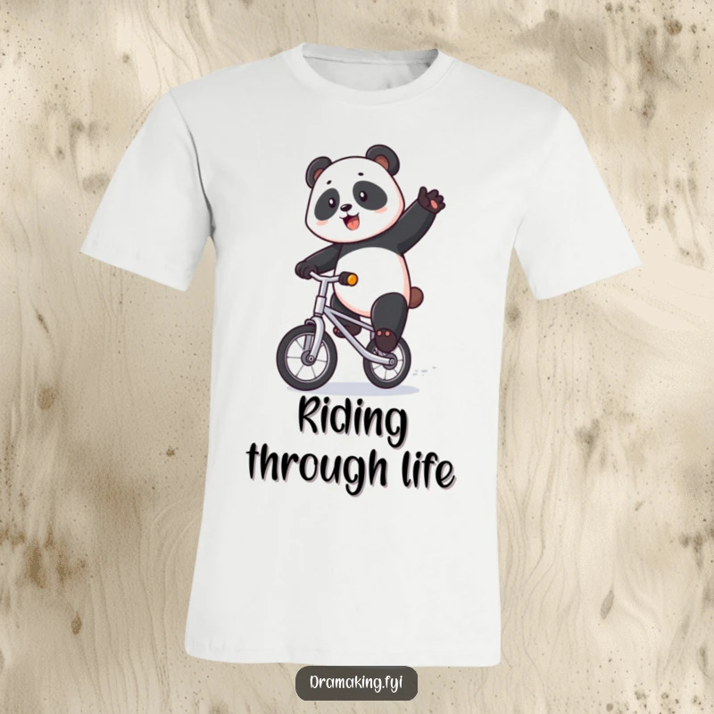 Funny panda t-shirt featuring a majestic panda riding a tiny unicycle with exaggerated flair and a confident, humorous expression.