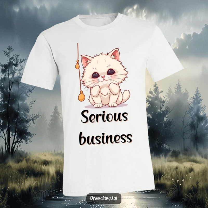 Funny cat t-shirt featuring a fluffy cat intensely batting a dangling string with comically pursed lips, showcasing playful mischief.