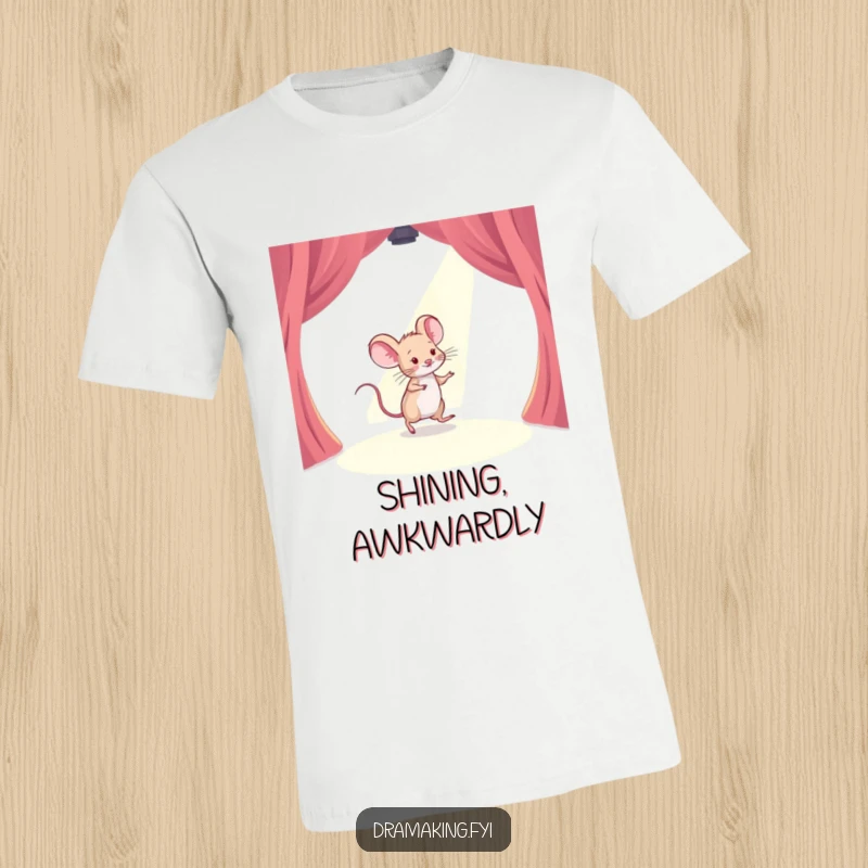 Funny t-shirt depicting a timid mouse tiptoeing across a stage under a shining spotlight, perfect for introverted humor.