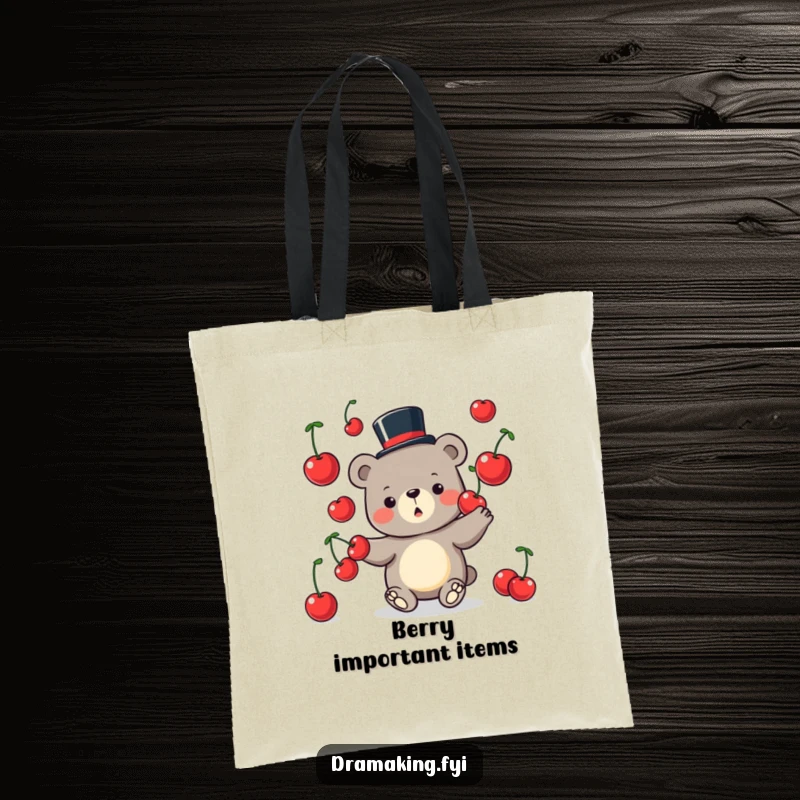 Funny Bear Tote Bag featuring a silly bear in a top hat juggling large cherries, a charming accessory for daily use.