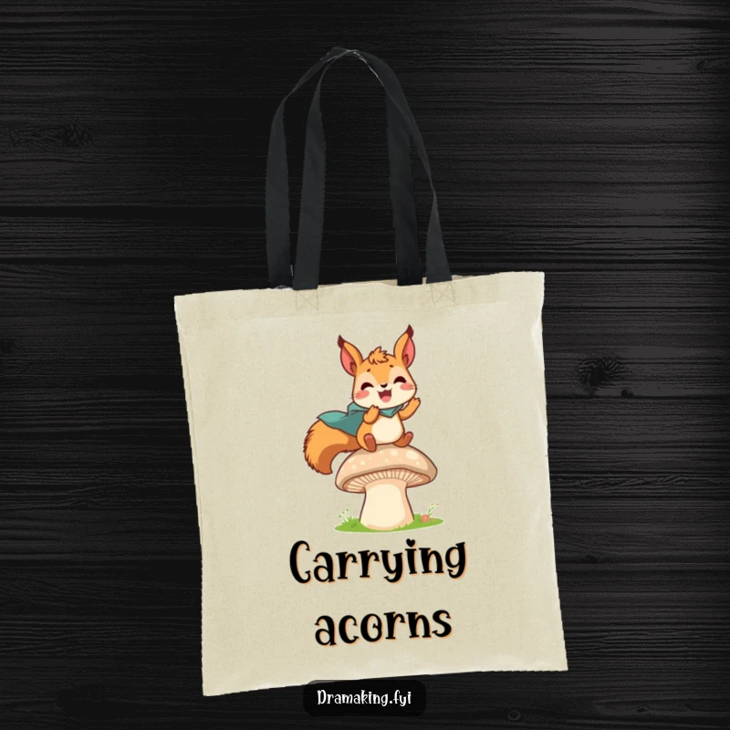 Funny tote bag art of a delighted squirrel in a tiny cape leaping from a mushroom, ready for any mission.