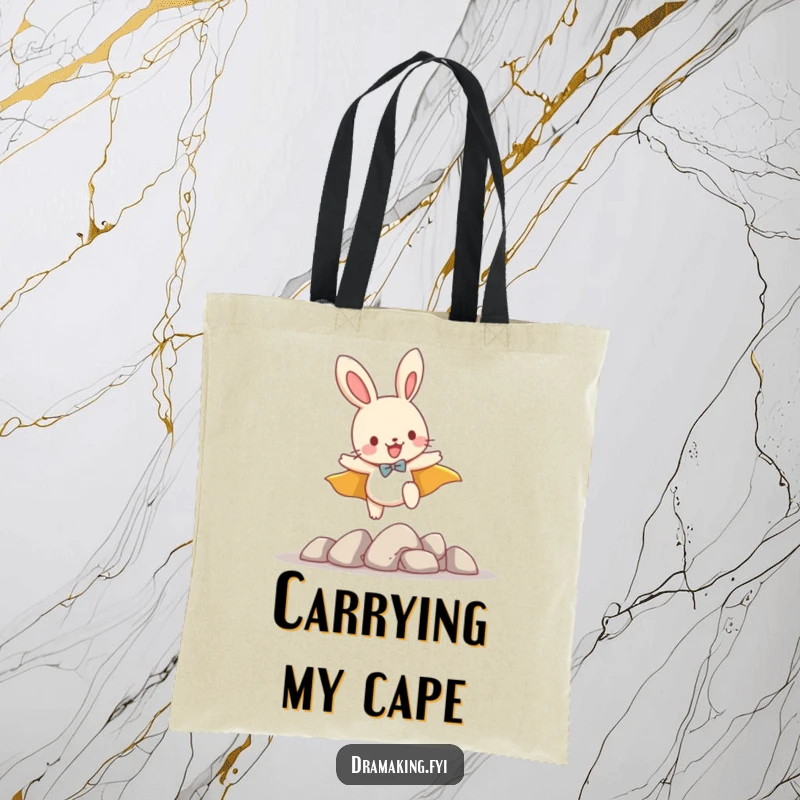 Funny tote bag with a playful bunny wearing a cape, leaping over small imaginary hurdles, great for carrying supplies.