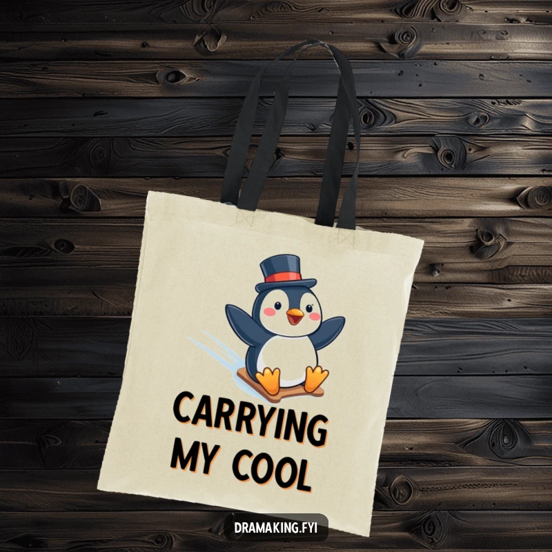 Funny tote bag featuring an elegant penguin in a top hat, humorously sliding down a slick icy slope, practical and amusing.