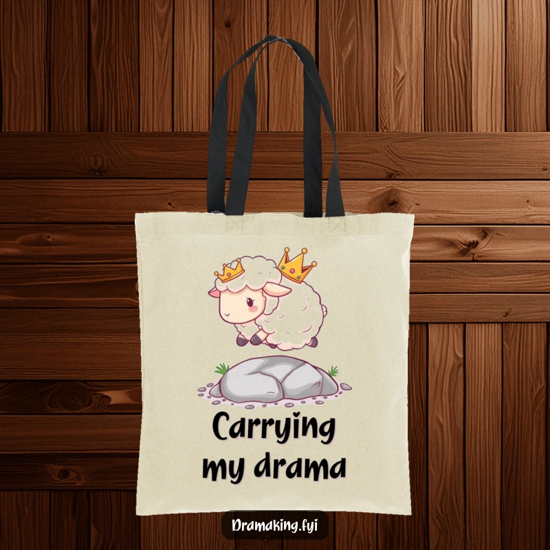Funny Sheep Crown Tote Bag illustration of a fluffy sheep with a crown tripping over a tiny pebble, great for shopping.