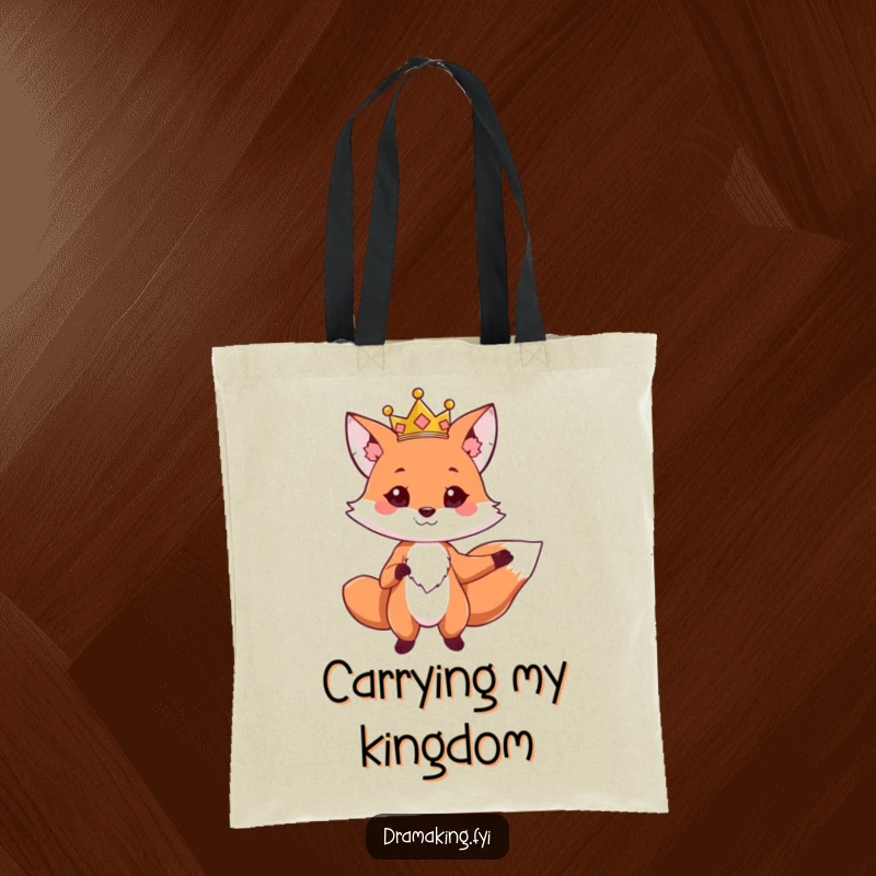 Funny tote bag with a cute fox wearing a crown, striking a dramatic regal pose, ideal for carrying essentials in style.