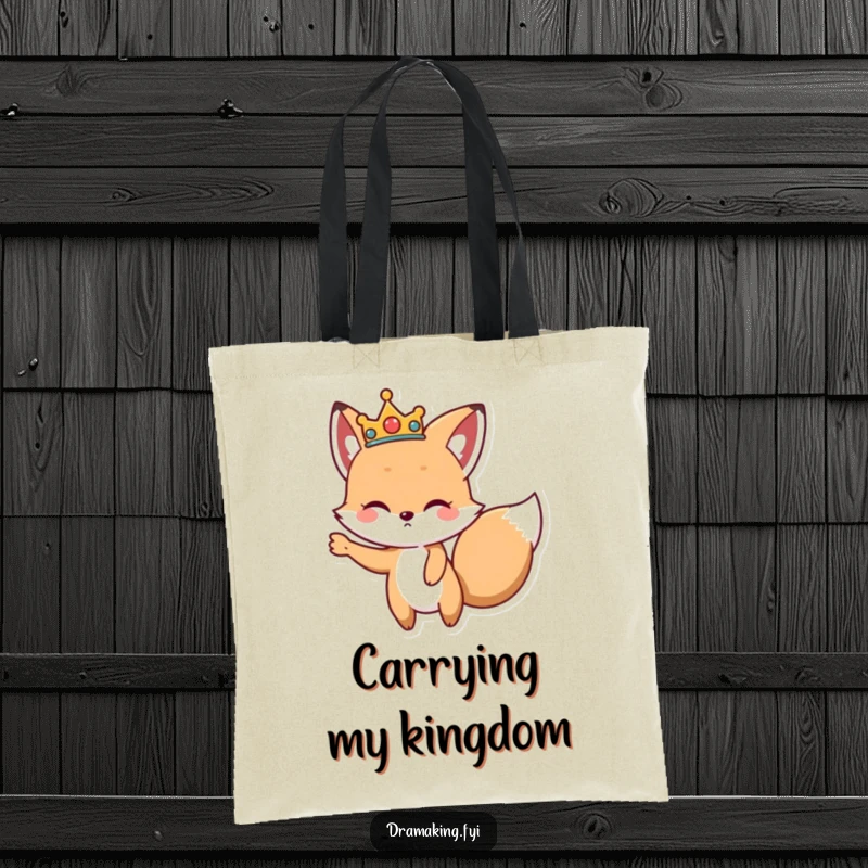 Funny Fox Crown Tote Bag, showcasing a cute fox wearing a crown, striking a dramatic pose, perfect for stylish errands.
