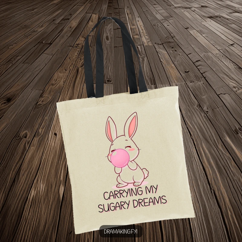 Funny tote bag featuring an ecstatic rabbit character blowing an enormous pink bubblegum bubble, ideal for stylish shopping.