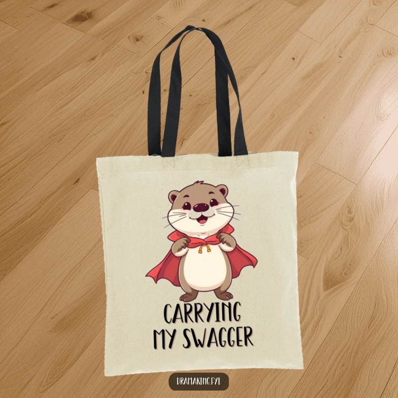 Funny Otter Hero Tote Bag with a cheerful otter in a cape, striking a flamboyant, confident pose, great for funny carrying.