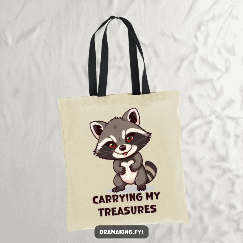 Funny raccoon tote bag with a playful character striking a dramatic pose and a sly smile, perfect for shopping and carrying daily items.