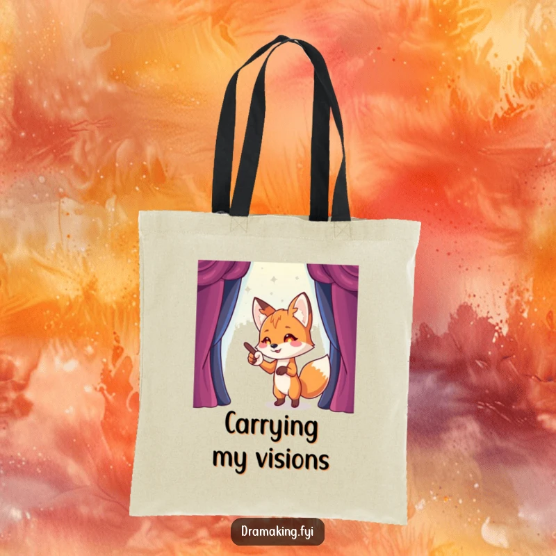 Funny Fox Stage Director Tote Bag with a playful fox pointing to a sparkling, imaginary stage, great for funny, stylish carrying.
