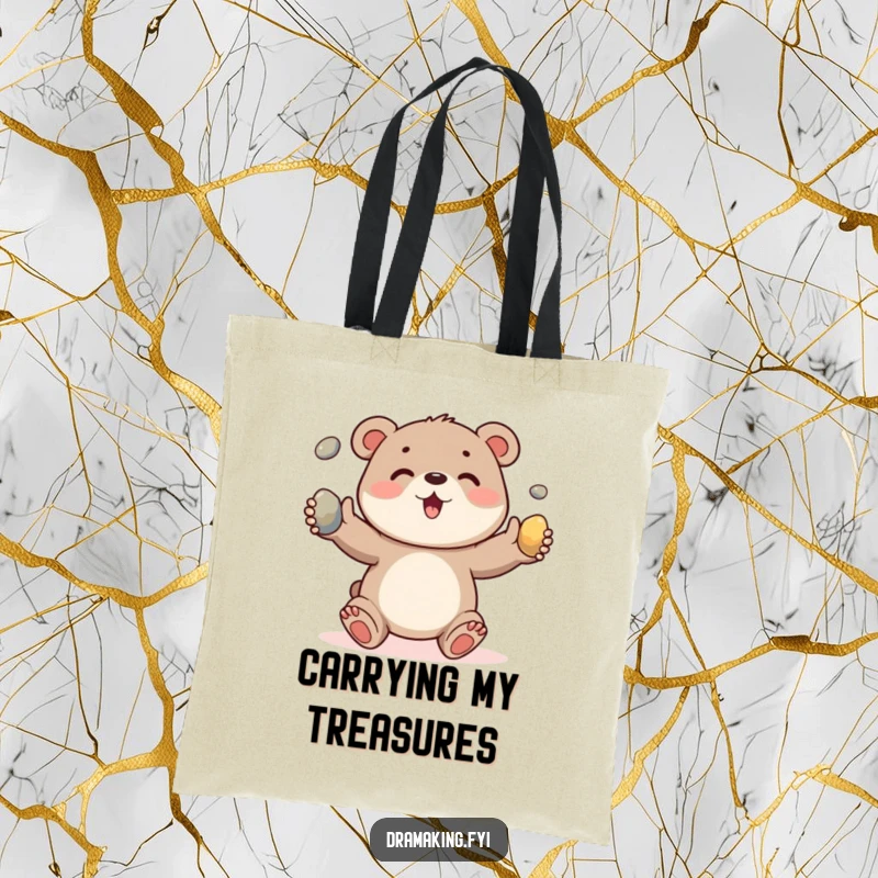Funny tote bag featuring a happy bear cub excitedly juggling three smooth pebbles, ideal for carrying everyday items with charm.