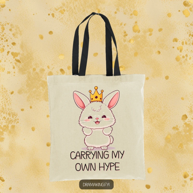 Funny Bunny King Tote Bag with a fluffy bunny character wearing a tiny crown and posing dramatically.