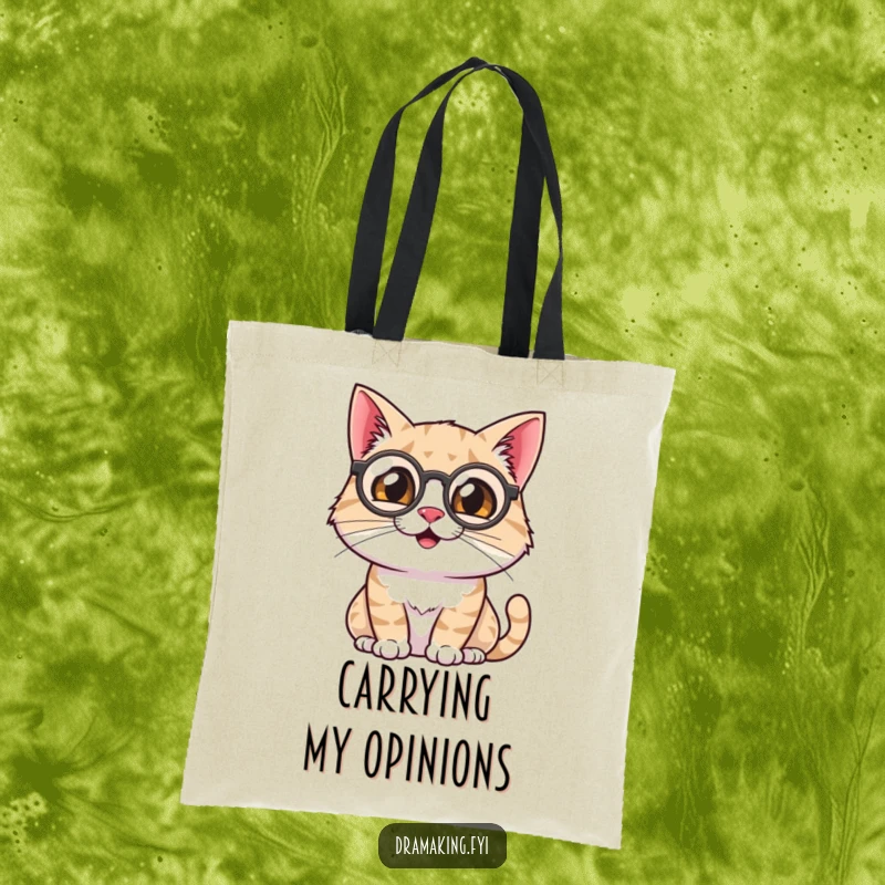 Funny Cat Tote Bag: Features a smiling cat with a monocle surveying the scene theatrically, perfect for carrying essentials with style.