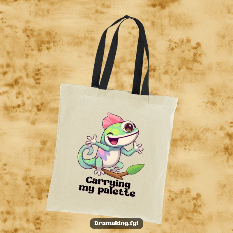 Funny Chameleon Tote Bag: A cheerful chameleon joyfully changing colors in a dramatic pose, a humorous accessory for daily items.