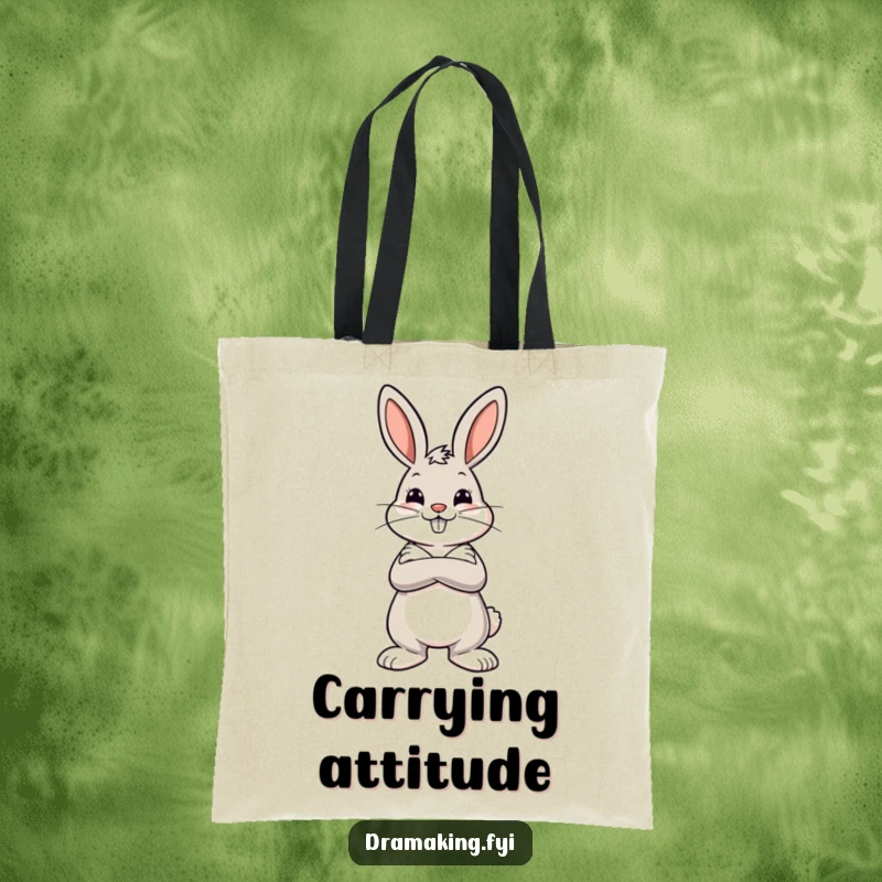 Funny tote bag art of a cheerful bunny with crossed arms striking a dramatic pose, ready to take on the world.