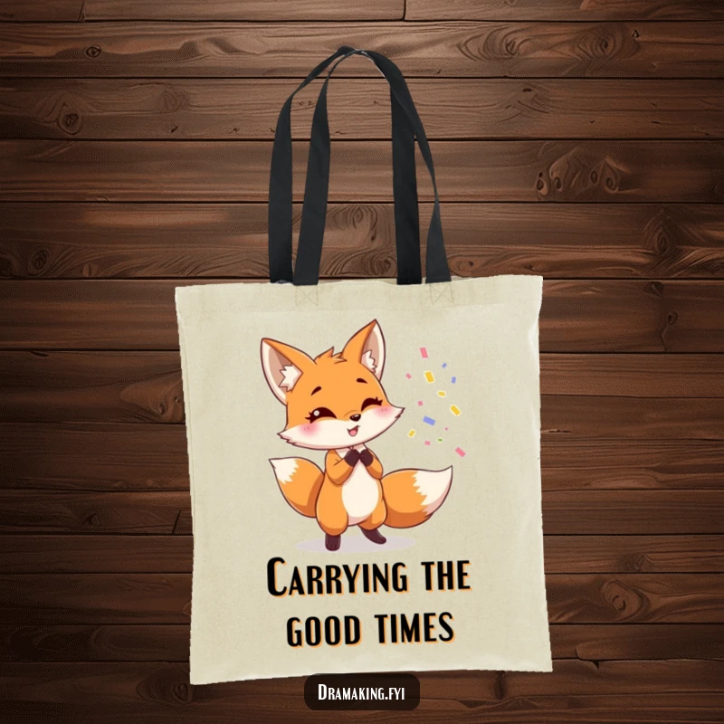 Funny fox tote bag, depicting a cute fox dramatically throwing confetti while posing, a humorous and stylish accessory.