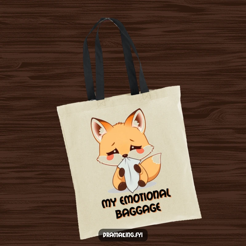 Funny tote bag with a small fox dramatically weeping into a tiny handkerchief, a humorous and relatable accessory for everyday use.