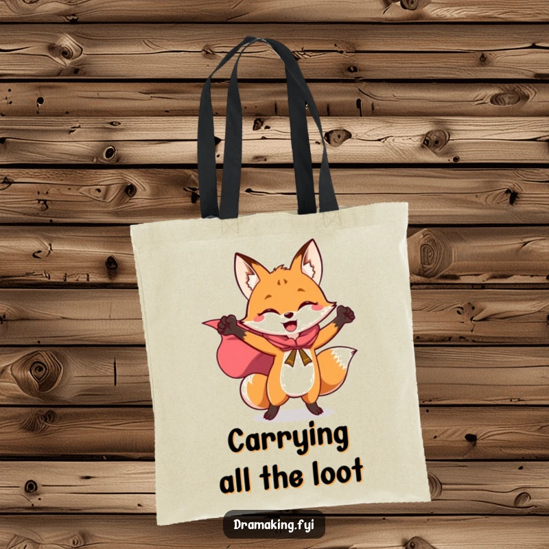 Funny tote bag showcasing a joyful fox in a flowing cape, striking a triumphant pose, ready for heroic tasks.