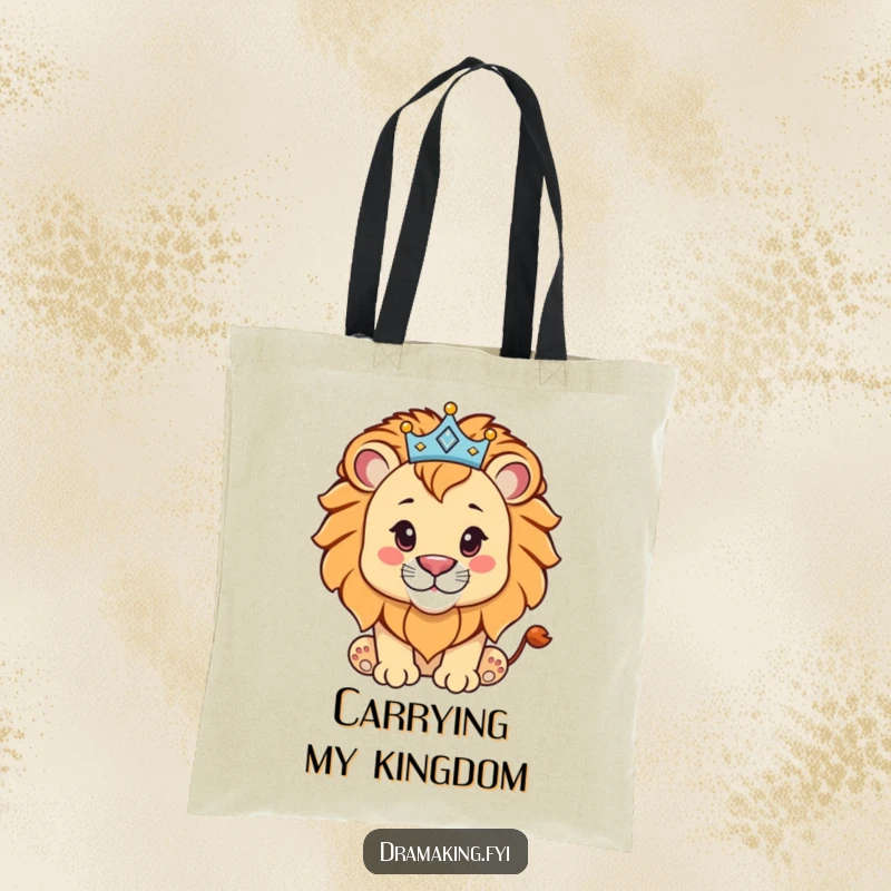 Funny lion cub with a sparkling crown, featured on a tote bag, showcasing proud regality and humor for a gift.