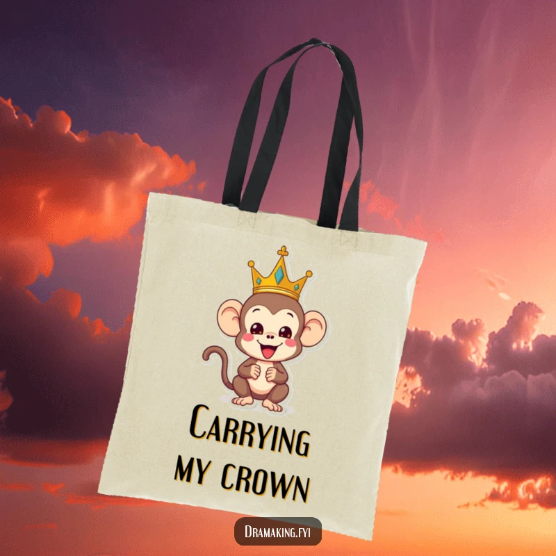 Funny monkey tote bag, depicting a playful monkey wearing a crown and striking a regal yet silly pose, humorous and stylish accessory.