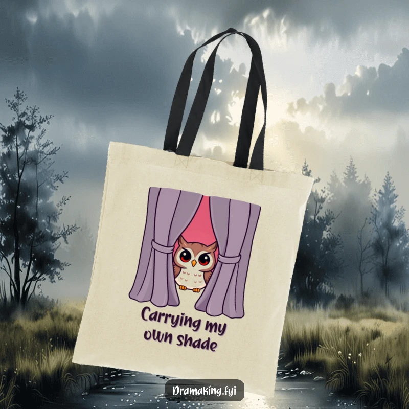 Funny owl character peeking from behind a dramatic curtain, expressive surprise, handy tote bag, witty accessory.