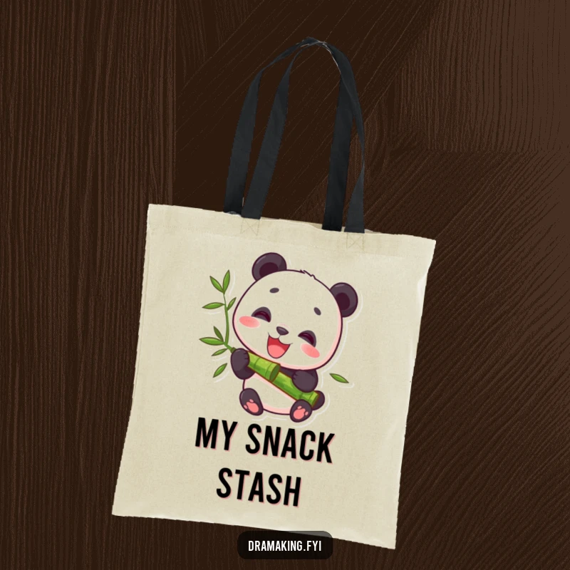 Funny Tote Bag showcasing a delighted panda character munching on bamboo, perfect for carrying items with cute, humorous flair.