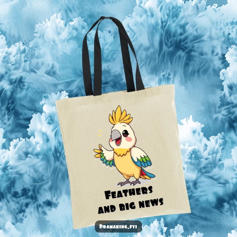 Funny parrot drama tote bag featuring a proud, colorful parrot dramatically announcing news, great for shopping or daily use.