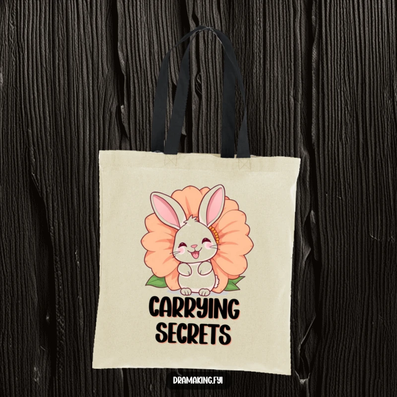 Funny rabbit tote bag with a happy bunny peeking from a large flower. Stylish and humorous, perfect for daily use and gifts.