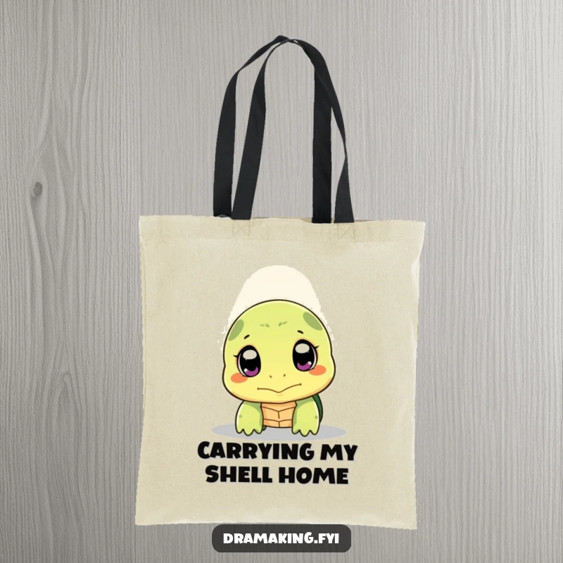 Funny shy turtle tote bag showing a turtle peeking its head out with wide, expressive eyes under a spotlight, functional and cute.