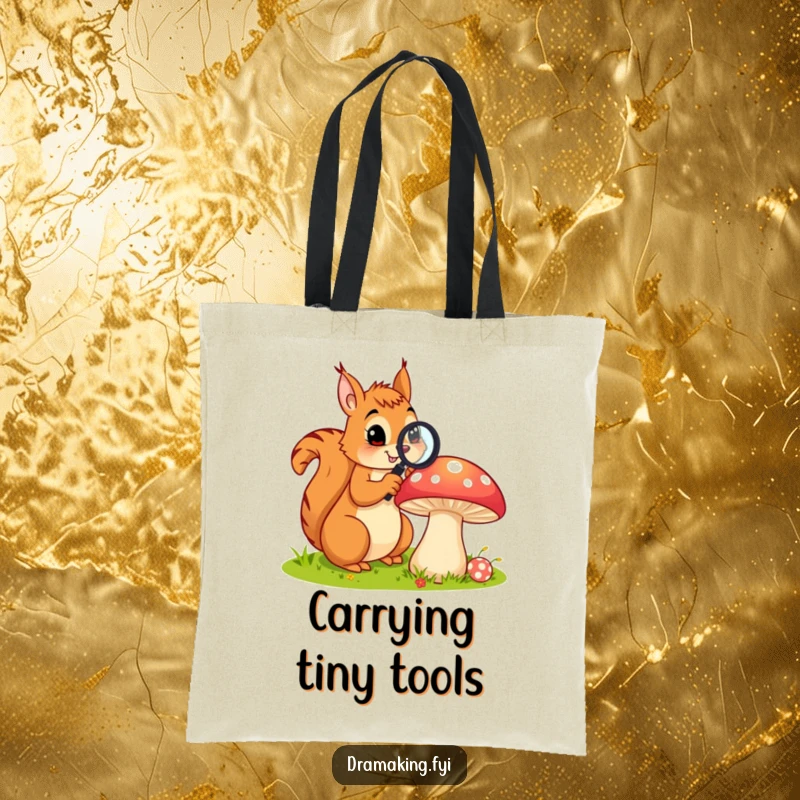 Funny tote bag depicting a curious squirrel with a magnifying glass examining a large, colorful mushroom, perfect for carrying discoveries.