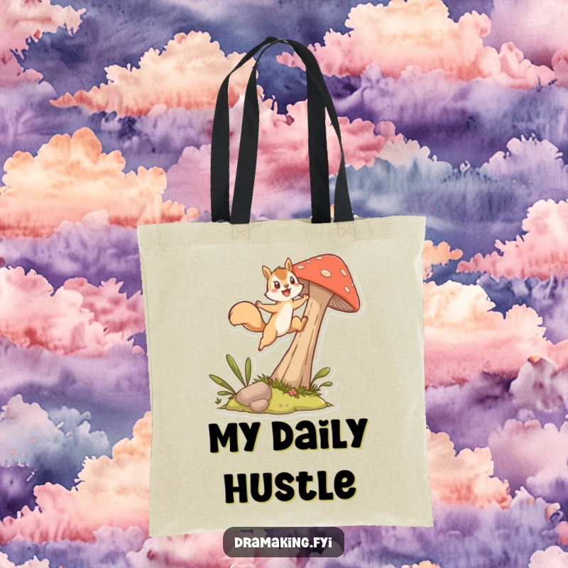 Funny Tote Bag depicting an energetic squirrel character leaping joyfully from a tall mushroom, ideal for carrying essentials with humor.
