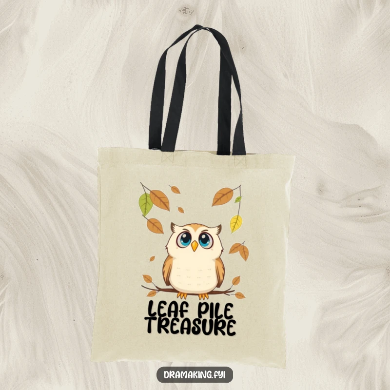 Funny Owl Tote Bag: A wide-eyed owl expresses comical surprise as large autumn leaves tumble down around it.