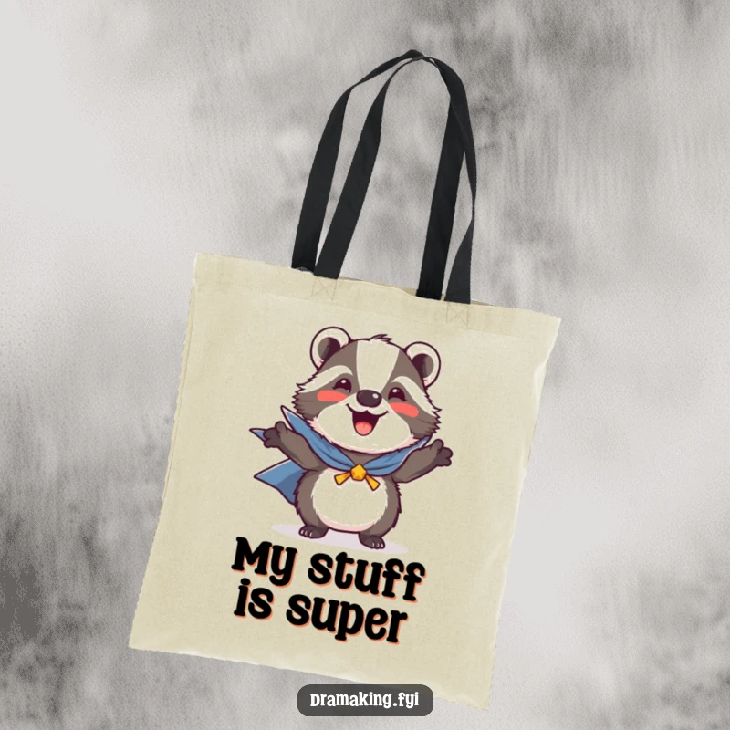 Funny tote bag with a joyful badger wearing a tiny cape, depicted in a heroic pose, ready to conquer any task.