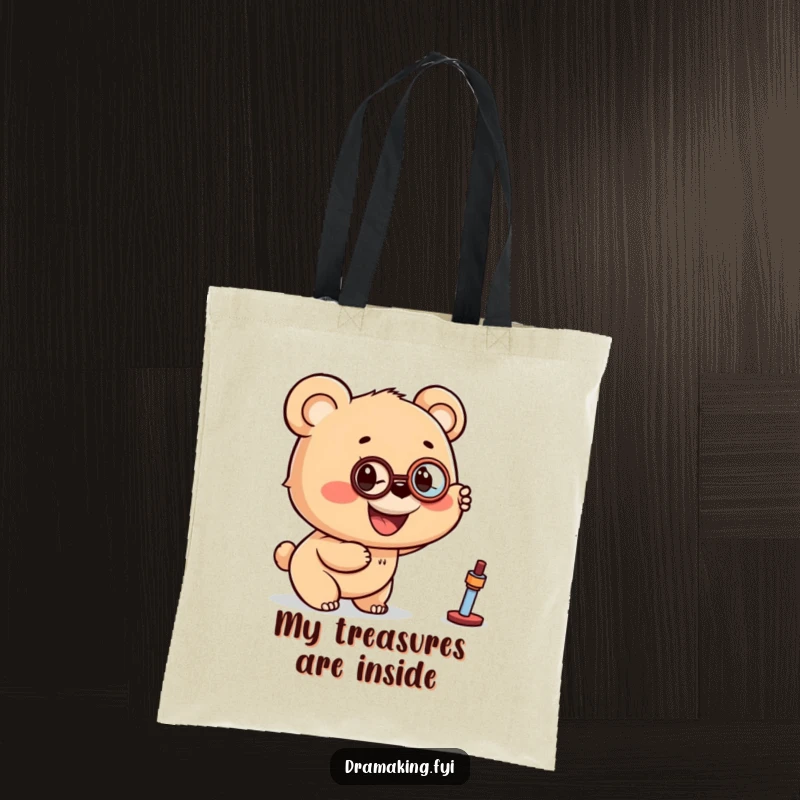 Funny tote bag with a smiling bear cub wearing a monocle, pointing excitedly at an unseen object in the distance.